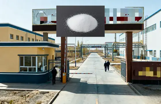 厂区大门，宽阔道路通向厂房，几名工作人员在厂区内行走。白色粉末状磷酸三钠，粉体洁白细腻，属于无机磷酸盐药剂，磷酸三钠主要应用于洗涤剂、软水剂、锅炉防垢剂、金属防锈剂、纺织印染、食品品质改良剂及制革等行业。